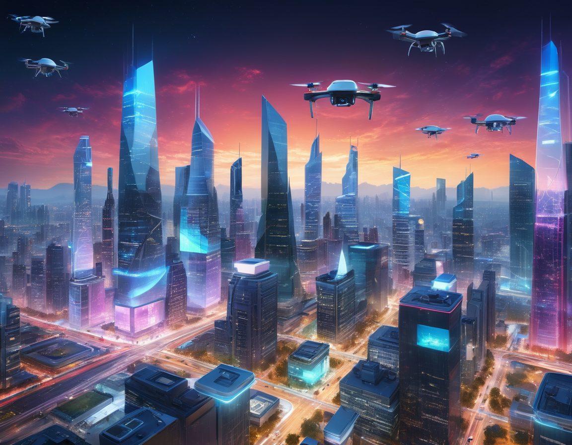 A futuristic cityscape showcasing advanced technology, with drones, smart buildings, and holographic displays illustrating SE60 applications. In the foreground, diverse people interacting seamlessly with devices, symbolizing compatibility. The skyline should glow with vibrant colors to evoke innovation and progress. super-realistic. vibrant colors. 3D.