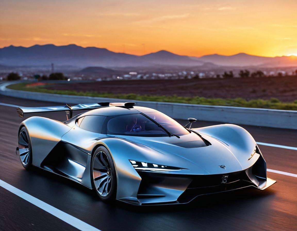 A sleek, futuristic SE60 model car showcased on a dynamic racetrack, capturing its innovative features and aerodynamic design. Surround the vehicle with glowing performance metrics and digital displays about speed and efficiency, set against a vibrant sunset sky. Incorporate elements of technology, like circuit patterns or holographic displays, to emphasize modernity. The scene should evoke excitement and innovation. super-realistic. vibrant colors. dynamic composition.