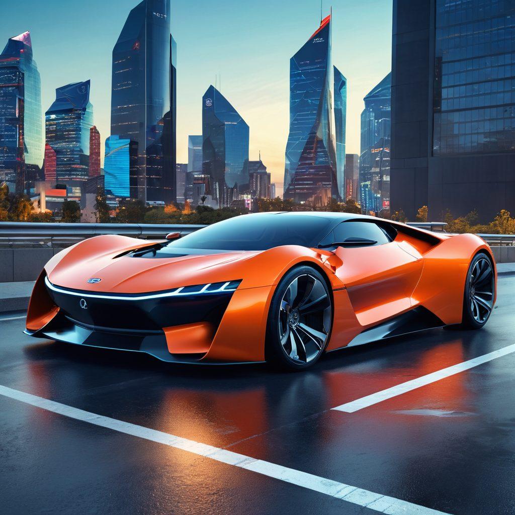 A futuristic landscape showcasing the SE60 vehicle, featuring sleek design, innovative technology that highlights its specifications and features. Incorporate dynamic elements like digital interfaces and glowing attributes that symbolize power and performance. The background should include an imaginative city skyline with advanced architecture, emphasizing a world where innovation thrives. Include vivid colors to enhance excitement. 3D. vibrant colors.
